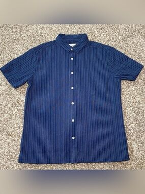 GOODFELLOW & CO Navy Blue Short-Sleeve Stripe Button-Down Shirt Size Medium